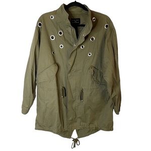 Love Tree Women’s Zip Up Oversized Green Utility Jacket w/Holey Accent